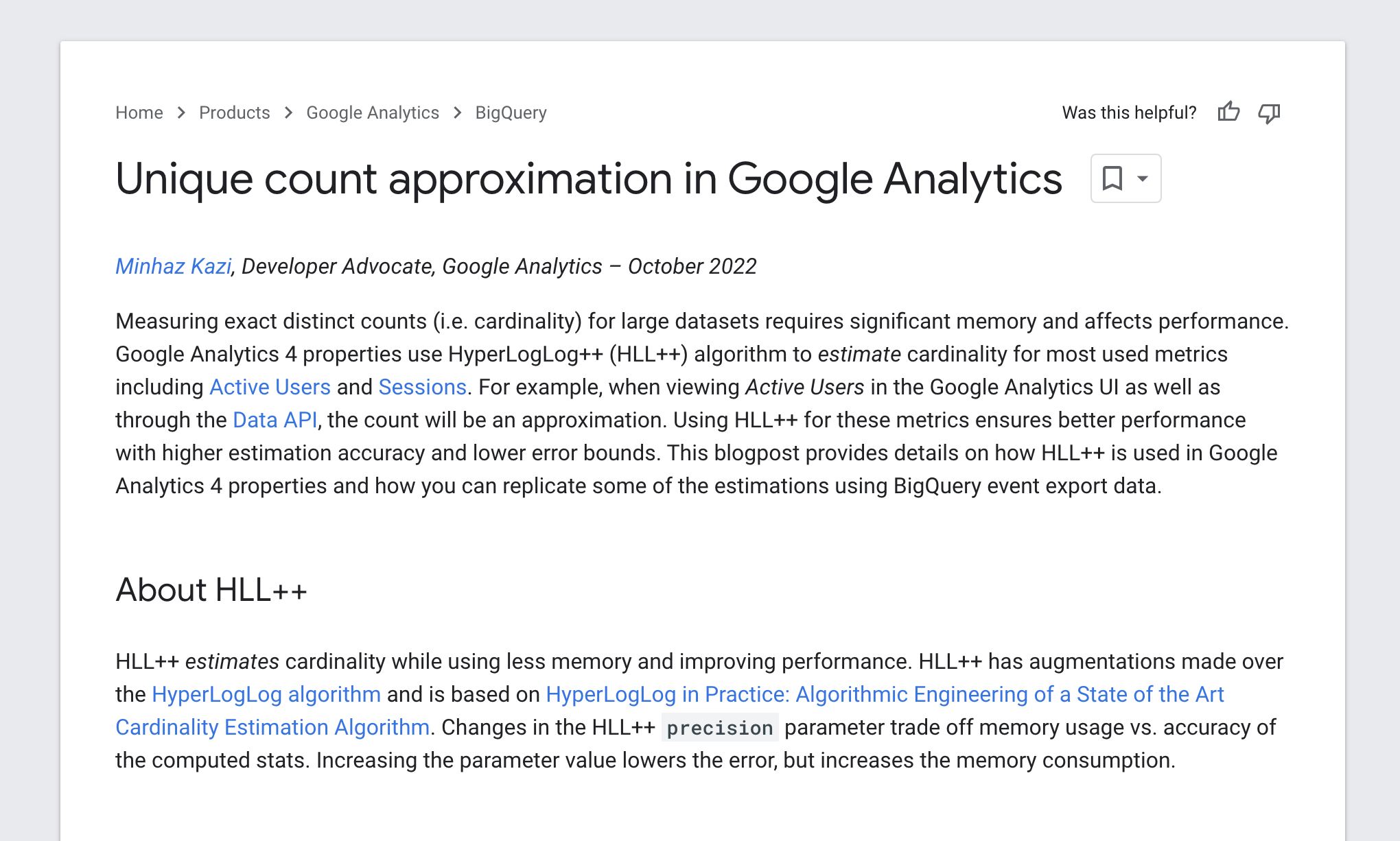 Sample of article titled Unique count approximation in Google Analytics 