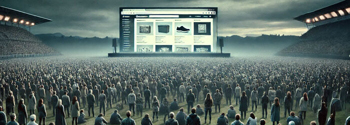 Crowd of people in a stadium looking at a huge laptop screen displaying a shopping website